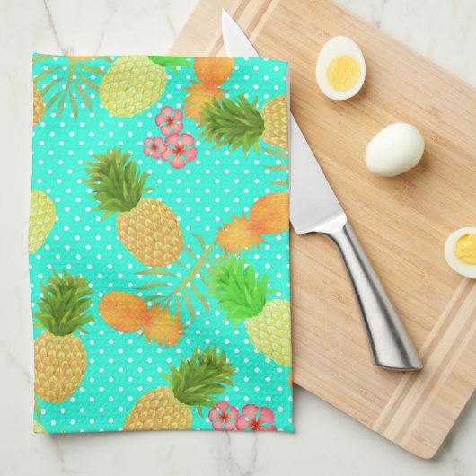 Linge De Cuisine Points d'ananas Turquoises (Quart Plié)
