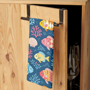 Linge De Cuisine Poisson et corail bleu nautique