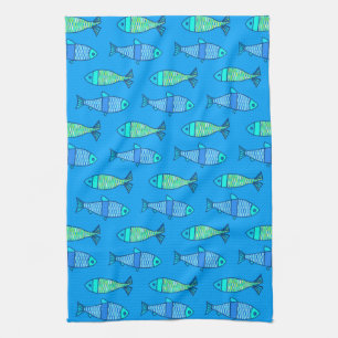 Linge De Cuisine Poisson moderne rétro, bleu turquoise et cerulean