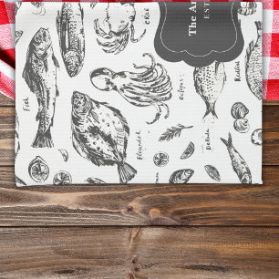 Linge De Cuisine Poissons et Animaux Marins Vintage Nom de Famille