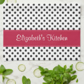 Linge De Cuisine Polka blanc noir personnalisé rouge point (Plié)