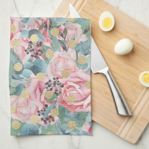 Linge De Cuisine Polka rose rose florale point vert vintage bleu