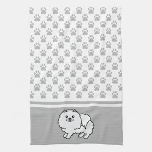 Linge De Cuisine Pomeranian blanc avec motif de pattes grises