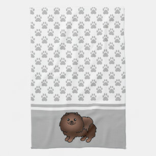 Linge De Cuisine Pomeranian marron avec motif de pattes grises