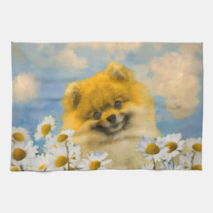 Linge De Cuisine Poméranien dans Daisies Peinture - Art Chien origi