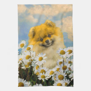 Linge De Cuisine Poméranien dans Daisies Peinture - Art Chien origi
