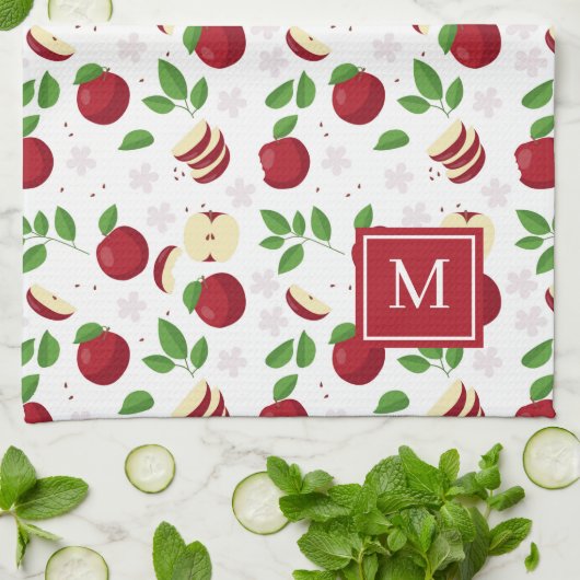 Linge De Cuisine Pommes rouges, fleurs verdure Monogramme initial (Plié)