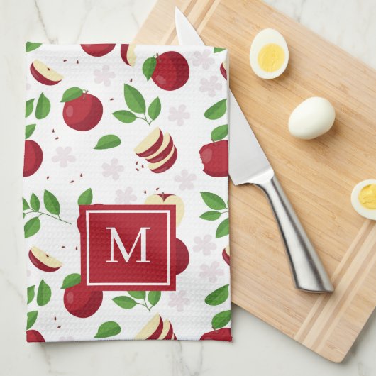 Linge De Cuisine Pommes rouges, fleurs verdure Monogramme initial (Quart Plié)