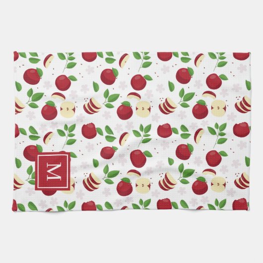Linge De Cuisine Pommes rouges, fleurs verdure Monogramme initial (Horizontal)