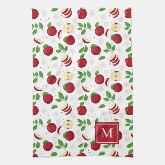 Linge De Cuisine Pommes rouges, fleurs verdure Monogramme initial (Vertical)