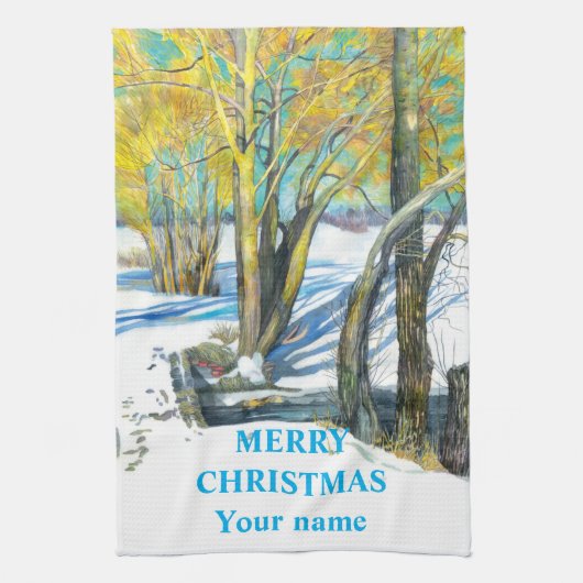 Linge De Cuisine Pont en hiver Peinture aquarelle (Vertical)