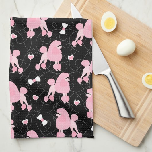 Linge De Cuisine Poodles roses et vaches Motif noir (Quart Plié)
