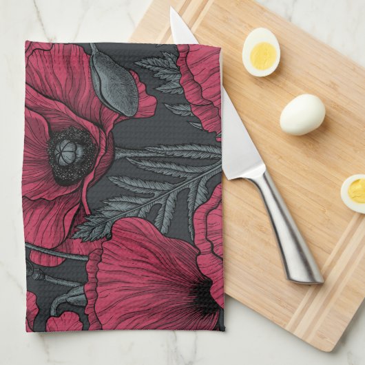 Linge De Cuisine Poppies à Viva Magenta (Quart Plié)