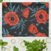 Linge De Cuisine Poppies, rouge et bleu sur noir (Plié)