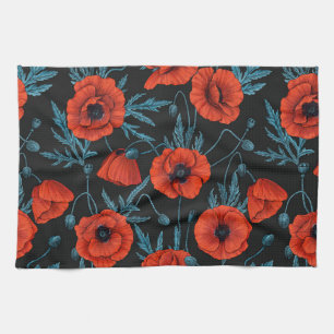 Linge De Cuisine Poppies, rouge et bleu sur noir