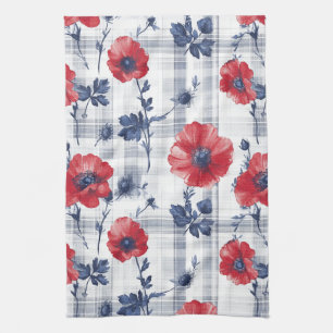 Linge De Cuisine Poppies rouges avec Feuilles bleus sur À damiers b