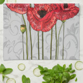 Linge De Cuisine Poppies rouges sur floral gris blanc (Plié)