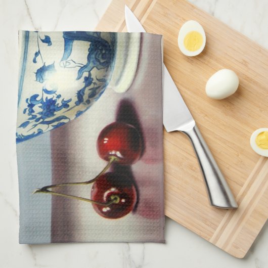 Linge De Cuisine Porcelaine Bleue & Cerises (Quart Plié)