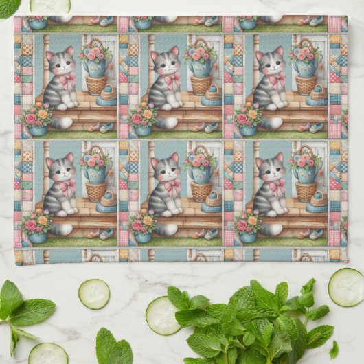 Linge De Cuisine Porch Kitty Floral Patchwork Scene (Plié)
