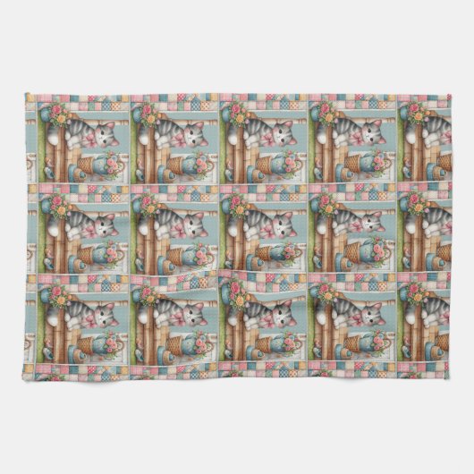 Linge De Cuisine Porch Kitty Floral Patchwork Scene (Horizontal)