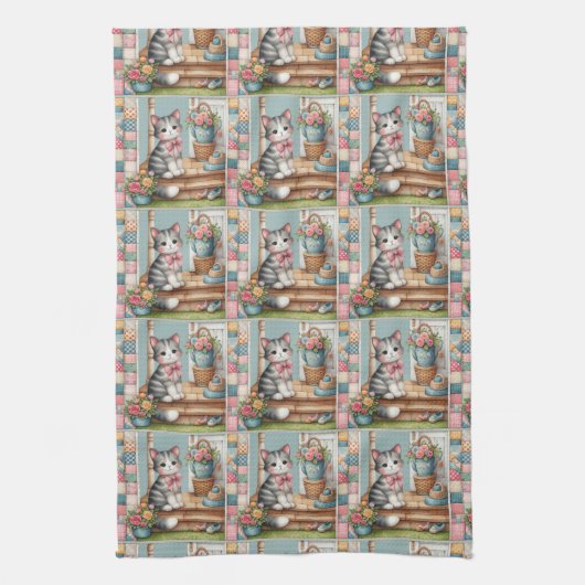 Linge De Cuisine Porch Kitty Floral Patchwork Scene (Vertical)
