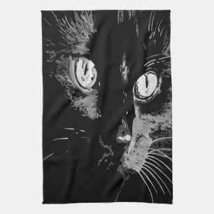 Linge De Cuisine Portrait de chat Noir Artisé au Charbon