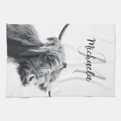 Linge De Cuisine Portrait de vache Highland premier monogramme noir (Horizontal)