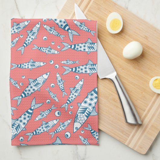 Linge De Cuisine Portugais Lisbonne Sardines Motif Azulejos rose (Quart Plié)