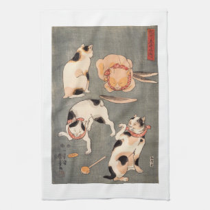 Linge De Cuisine Poses japonaises vintages de chat d'art de