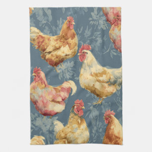 Linge De Cuisine Poules de basse-cour et motifs botaniques