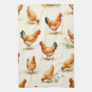 Linge De Cuisine Poules de la basse-cour et motif botanique