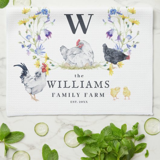 Linge De Cuisine Poulet de Ferme Rustique | Nom de Famille Monogram (Plié)