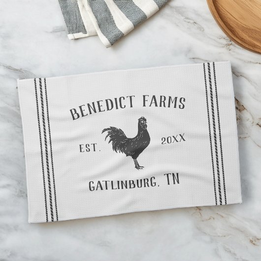 Linge De Cuisine Poulet rustique gris et blanc Nom de la ferme pers