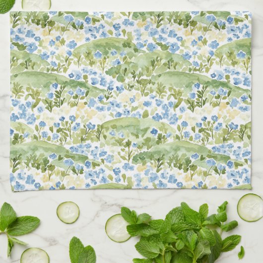Linge De Cuisine Prairie aux Fleurs Bleues (Plié)