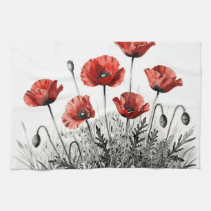Linge De Cuisine Prairie de fleurs de pavot rouge vibrant