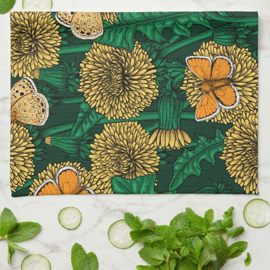 Linge De Cuisine Pré de Dandelion sur vert foncé (Plié)