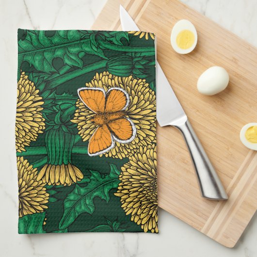 Linge De Cuisine Pré de Dandelion sur vert foncé (Quart Plié)