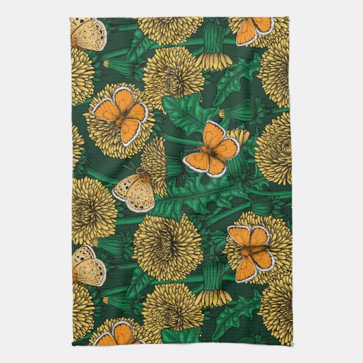 Linge De Cuisine Pré de Dandelion sur vert foncé (Vertical)