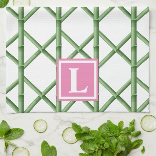 Linge De Cuisine Preppy Green Trellis Bamboo Motif Monogramme (Plié)