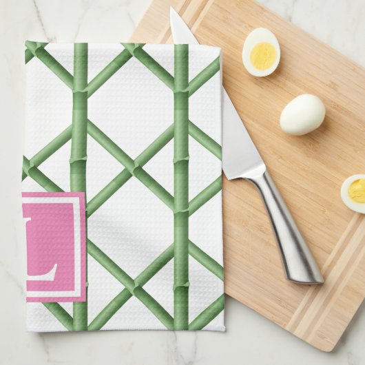 Linge De Cuisine Preppy Green Trellis Bamboo Motif Monogramme (Quart Plié)