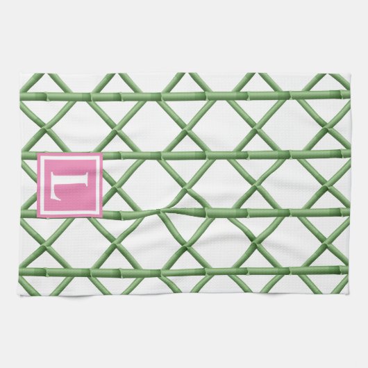 Linge De Cuisine Preppy Green Trellis Bamboo Motif Monogramme (Horizontal)