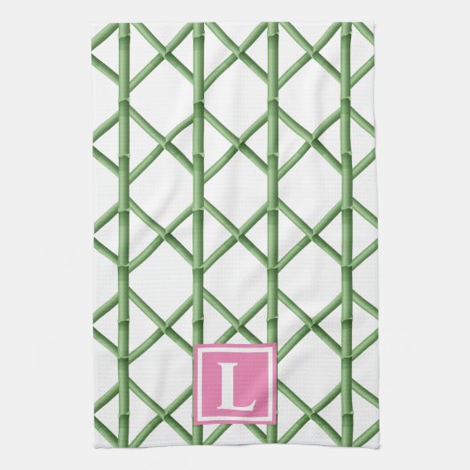Linge De Cuisine Preppy Green Trellis Bamboo Motif Monogramme (Vertical)