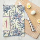 Linge De Cuisine Preppy Paris Toile rose et bleu Monogramme (Quart Plié)
