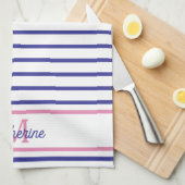Linge De Cuisine Preppy Pink and Navy Blue Stripe Simple Monogram (Quart Plié)