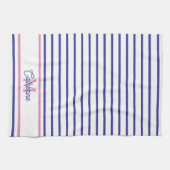 Linge De Cuisine Preppy Pink and Navy Blue Stripe Simple Monogram (Horizontal)
