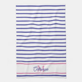 Linge De Cuisine Preppy Pink and Navy Blue Stripe Simple Monogram (Vertical)