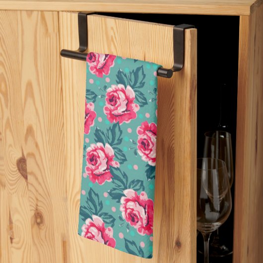 Linge De Cuisine Pretty Pink Roses and Polka Dot Pattern on Teal (Pliage en tiers)