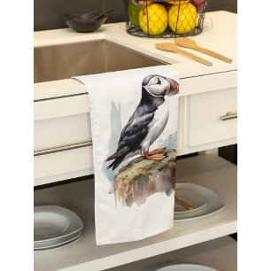 Linge De Cuisine Puffin sur une aquarelle rocheuse, personnalisé