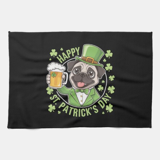Linge De Cuisine Pug drôle de la Saint-Patrick avec chope de bière (Horizontal)