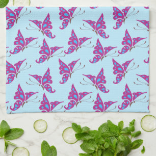 Linge De Cuisine Purple Butterflies on Light Blue, Butterfly Print